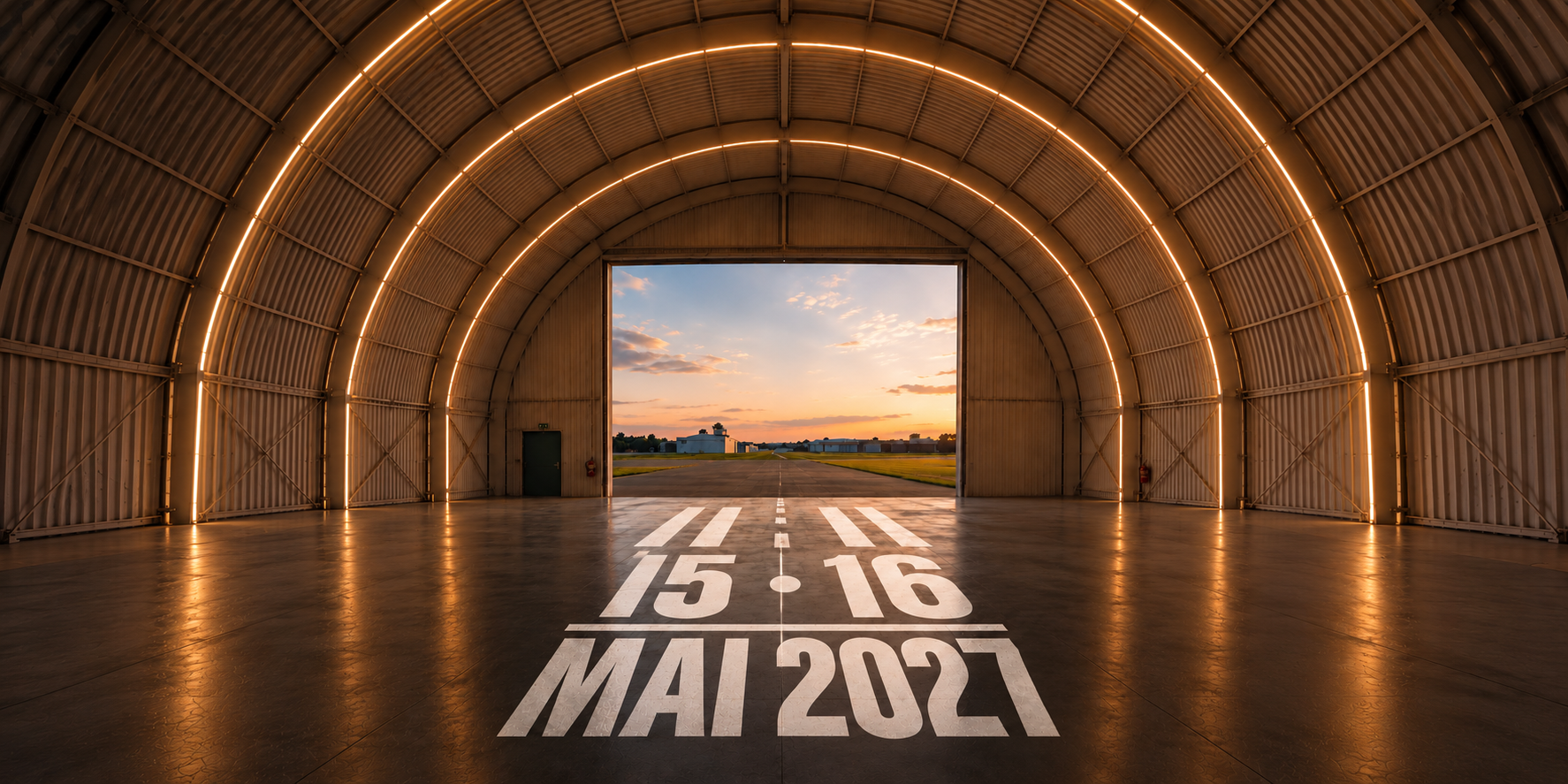 Hangar ouvert sur le coucher de soleil ; 15 et 16 mai 2027 peints au sol